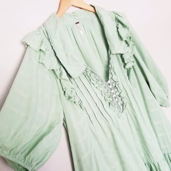 Free People Elora Pleated Ruffle Mini Dress L WindownpaneMermaid Tail Green $148 - Picture 12 of 14